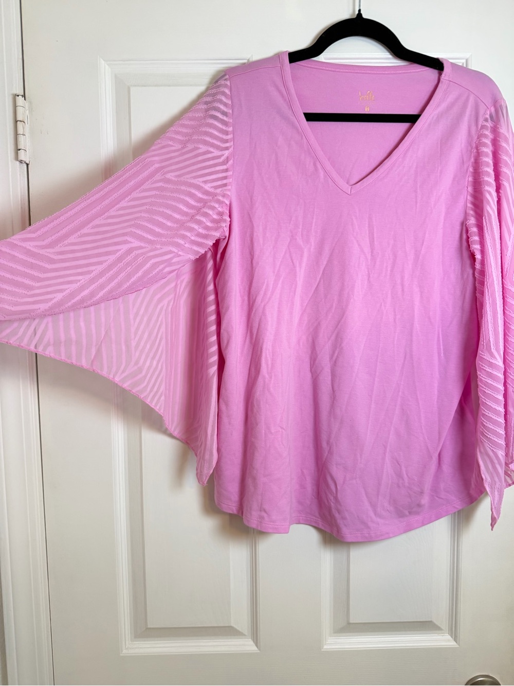 Belle by Kim Gravel Pink V-Neck Sheer Flutter Sleeve Top Size M - Picture 3 of 7